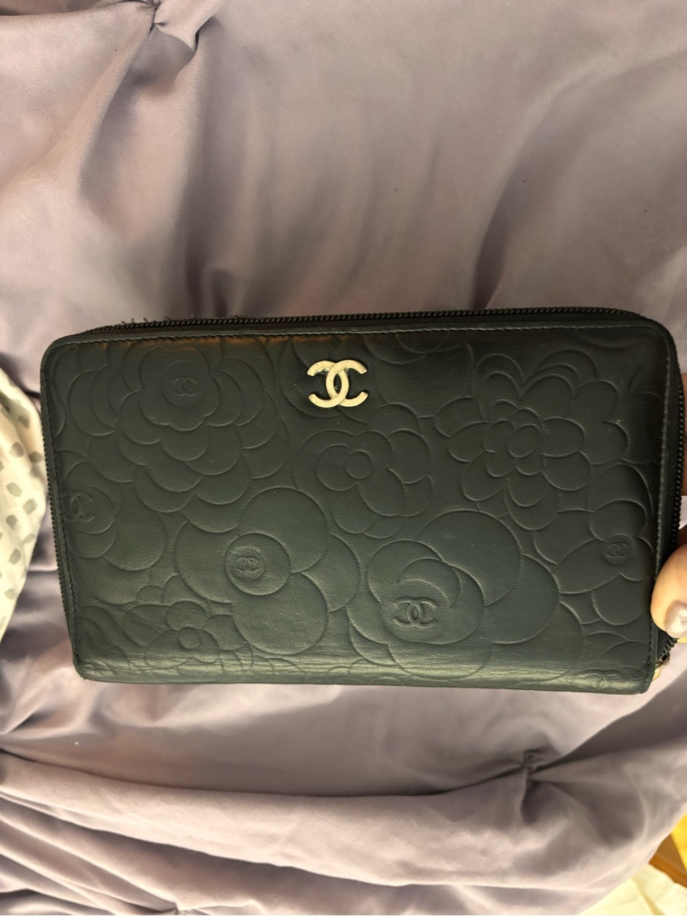 CHANEL Black Camellia Quilted Leather Zip-Around Wallet with Silver CC